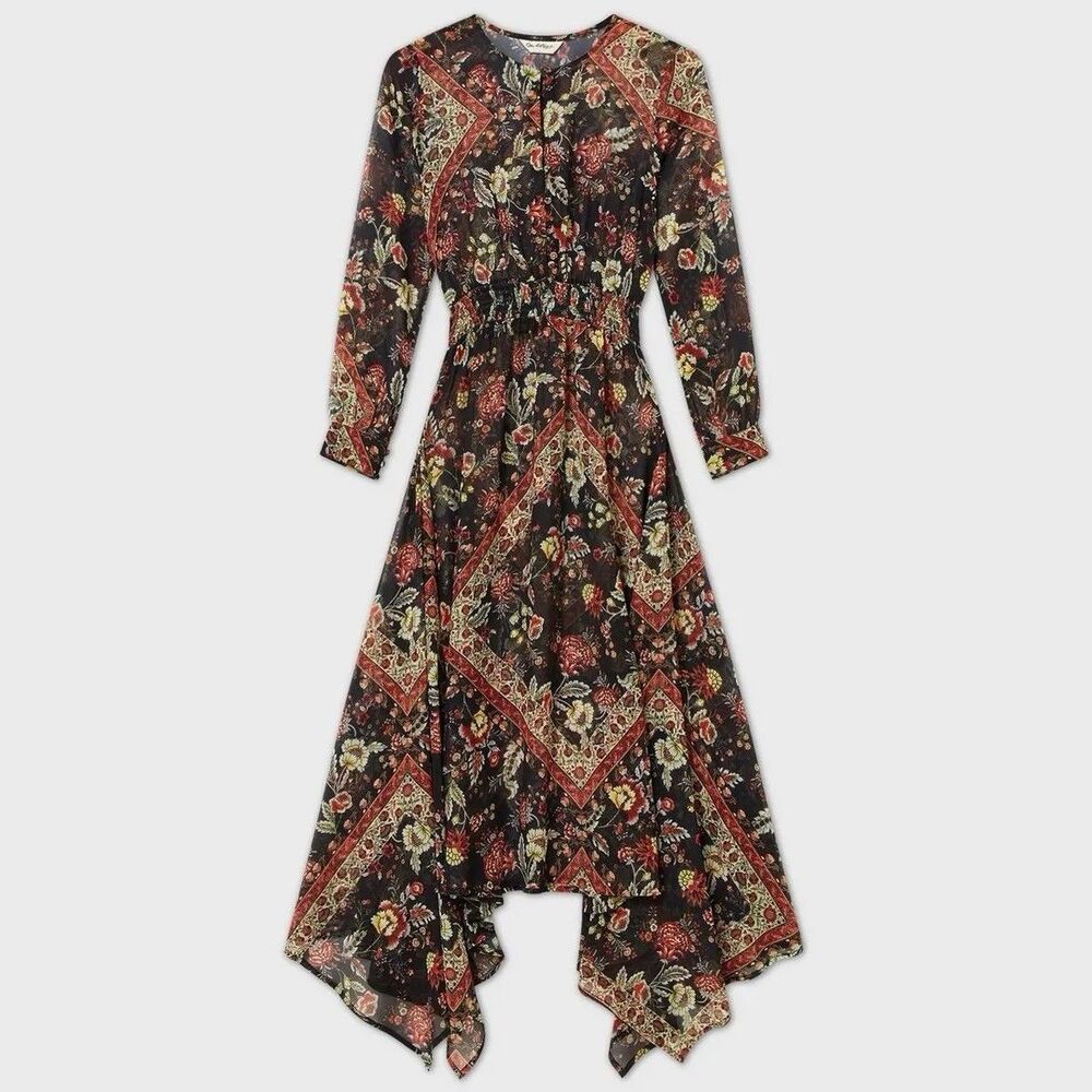 Miss Selfridge Sz 4 Maxi Dress‎ Black Brown Floral Chiffon Boho Cottagecore